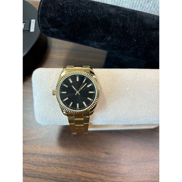 Men's Gold Tone Analog Wristwatch With Black Dial & Stainless Steel Band - Picture 4 of 8